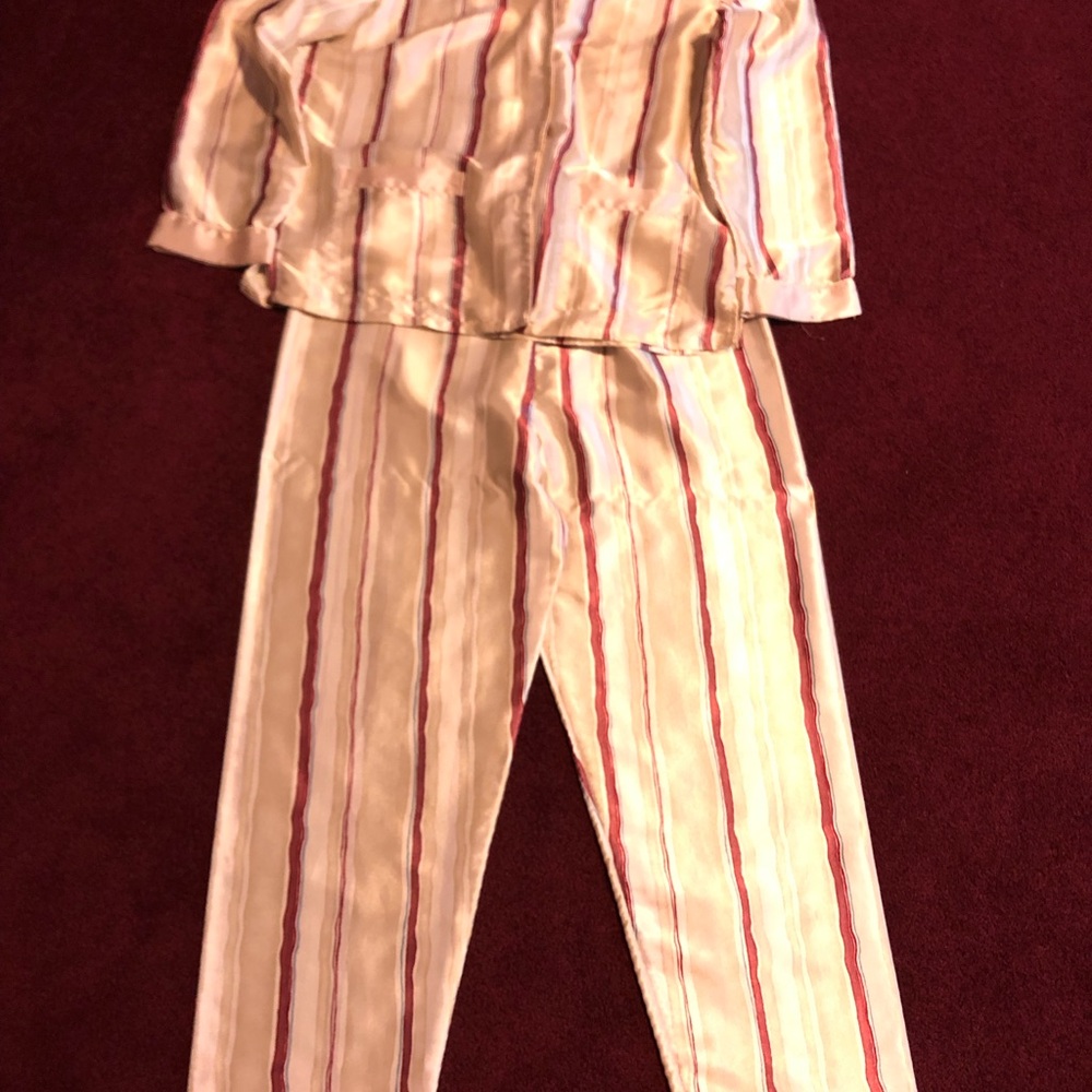 Pink and White Satin Pajama Set with Vertical Stripes